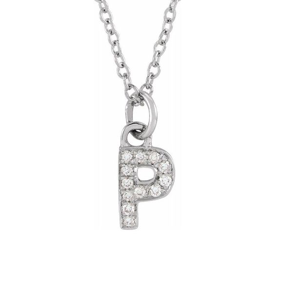 14K White Gold .04 CTW Diamond Tiny Initial P Necklace 16-18 Inch